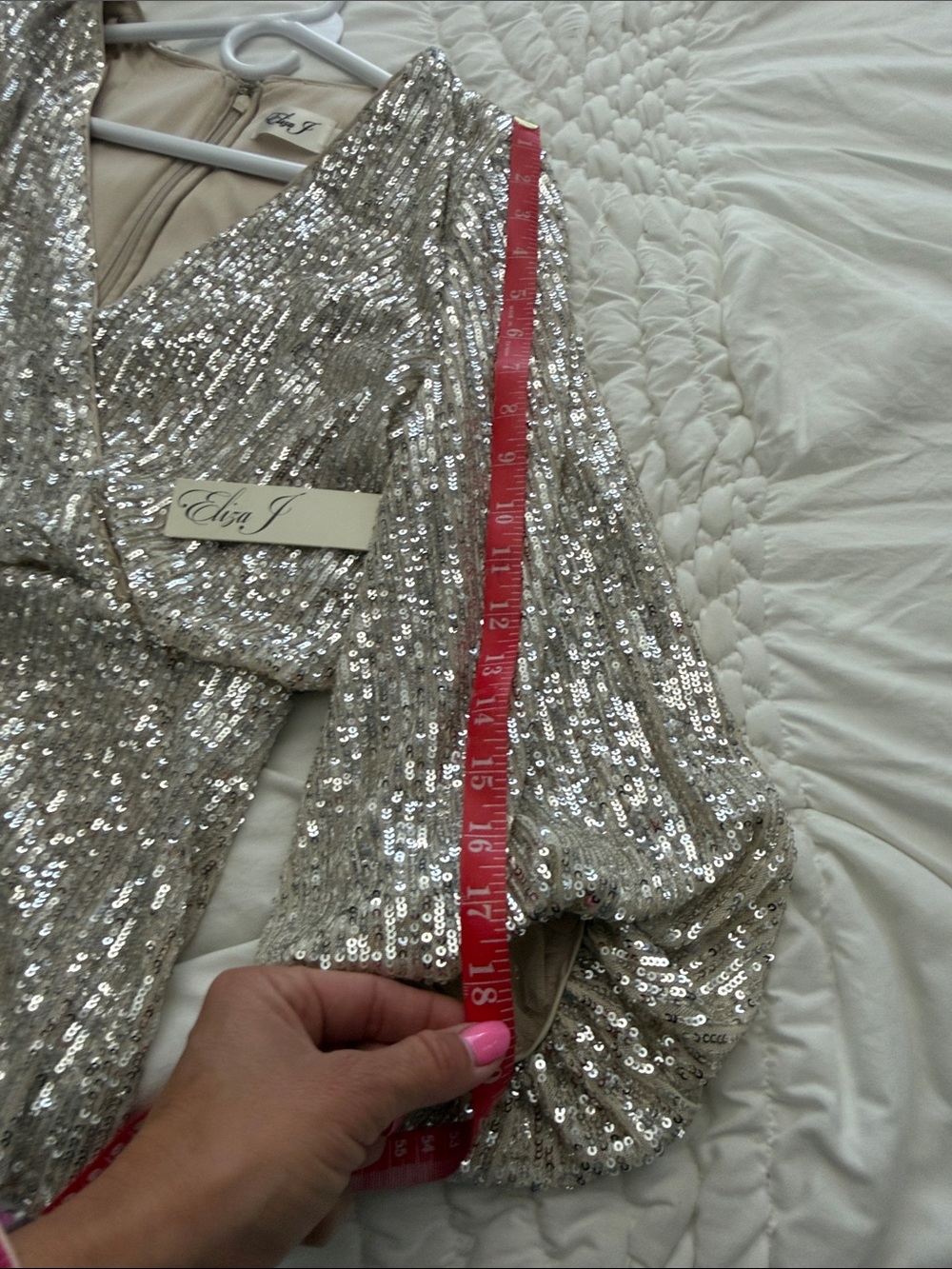 Eliza J beige and silver Sequin V-Neck Mini Dress longsleeve - Picture 13 of 15